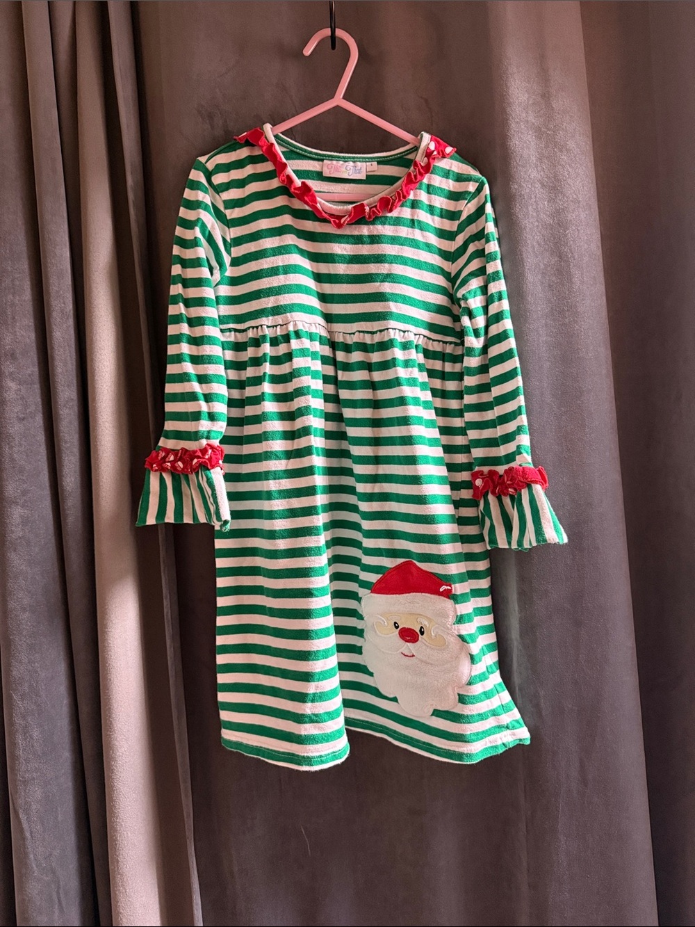 Green & White Striped Kids Santa Dress- Holiday Pajama Dress